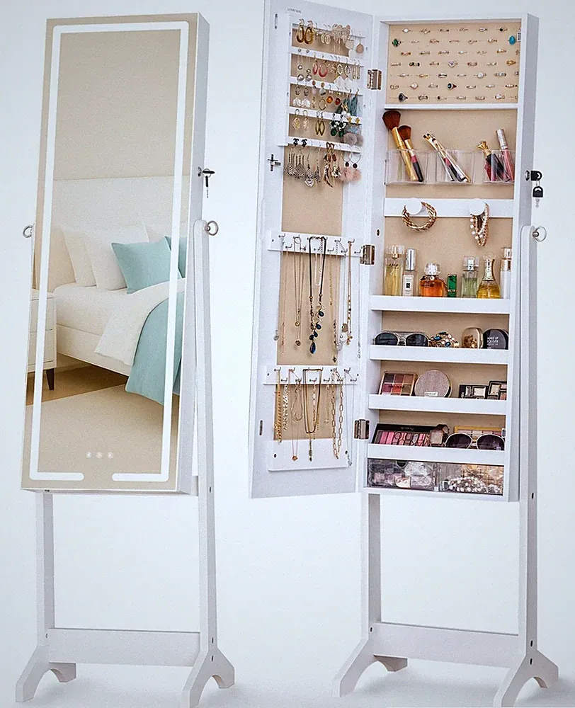 Schmuckschrank Stehend, 152cm Höhe Standspiegel Mit Stauraum, 3 Farbmodi, 3 E...