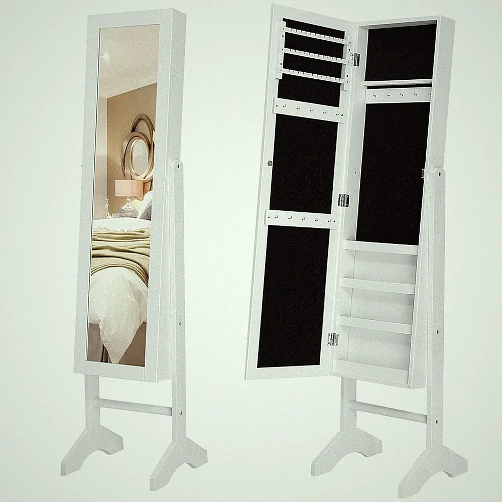 Schmuckschrank und Standspiegel zwei in einem, Lederimitat, weiß, 35,5 x 153...