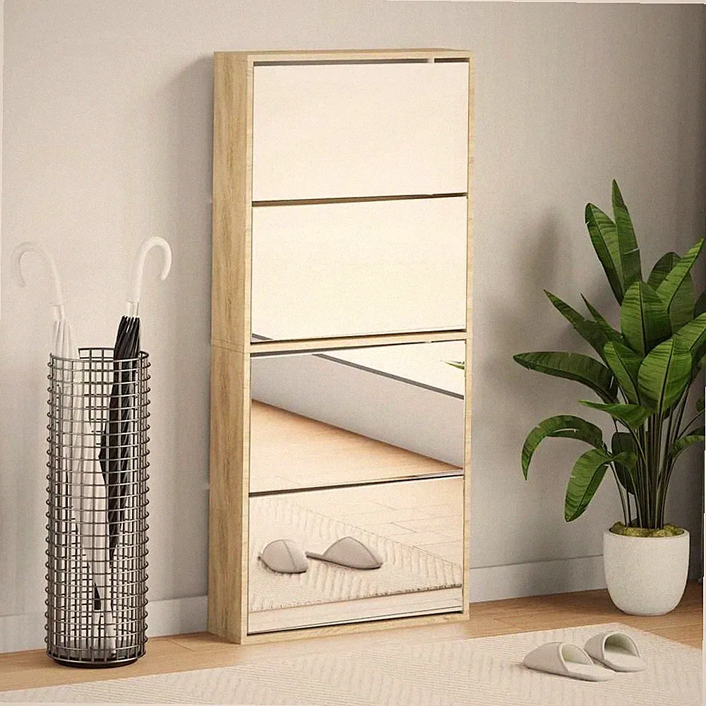 Schuhschrank Mit 4 Fächern Spiegel Eiche 63×17×134 Cm
