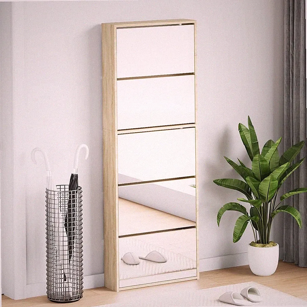 Schuhschrank Mit 5 Fächern Spiegel Eiche 63x17x169.5 Cm