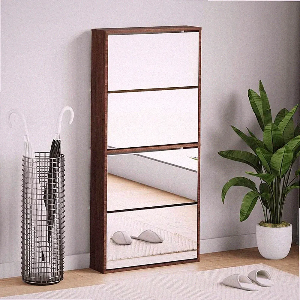 Schuhschrank mit Spiegel 4 Fächer Braun Eiche-Optik 63x17x134cm