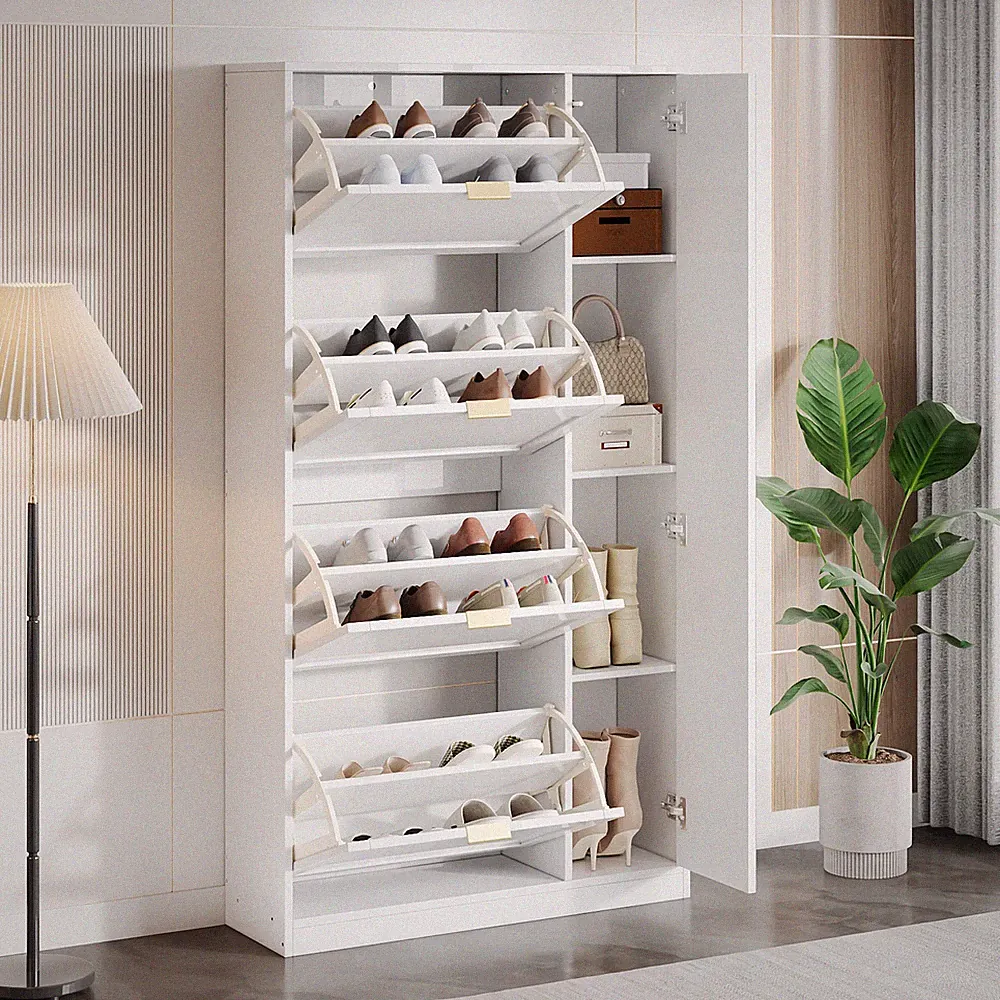 Schuhschrank mit Spiegel, 4 Klappfächer, Verstellbares Regal, Weiß 80x147x24cm