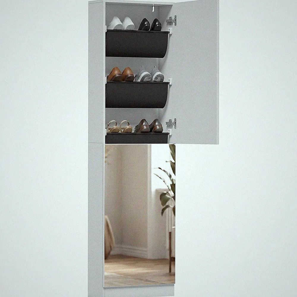 Schuhschrank Schmale Schuhkommode mit Ganzkörperspiegel, für 12 Paar, Weiß