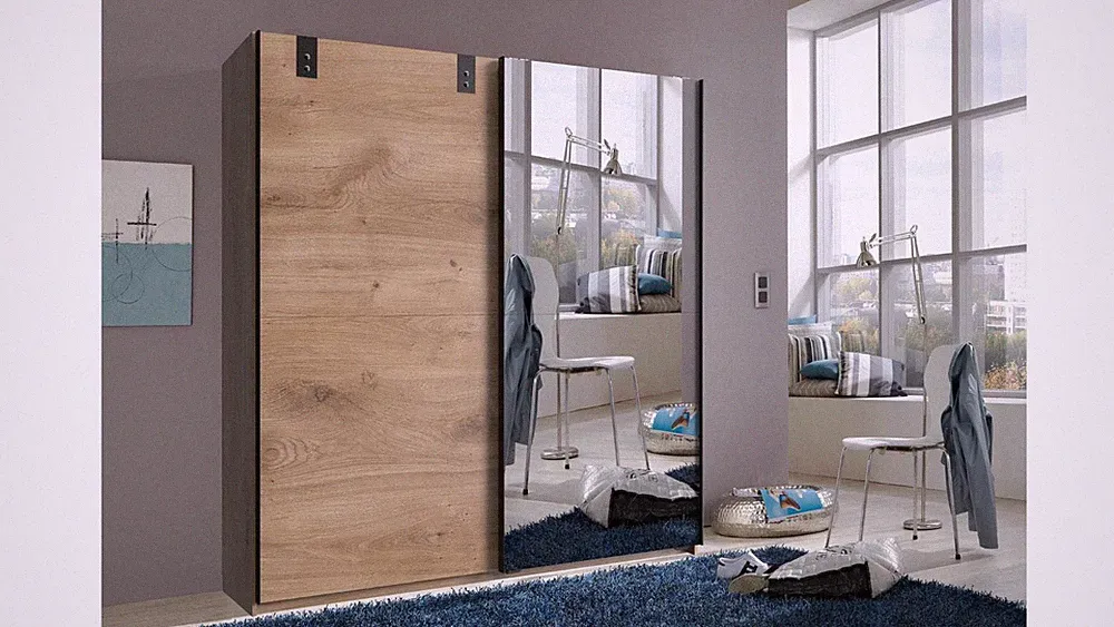 Schwebetürenschrank Cardiff Kleiderschrank Plankeneiche graphit Spiegel 180 cm