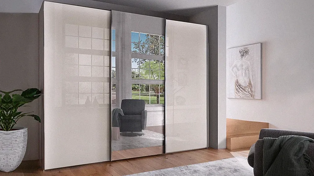 Schwebetürenschrank Monaco Kleiderschrank Champagner Glas mit Spiegel 225 cm