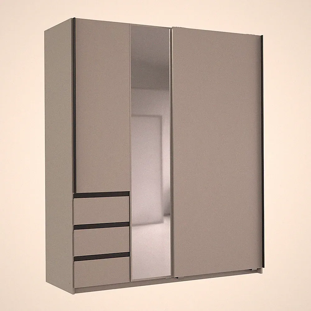 Schwebetürenschrank - saharagrau - Spiegel - 3 Schubkästen - 168 cm