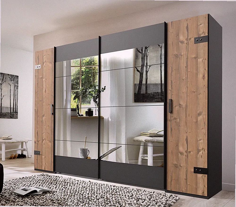 Schwebetürenschrank Stockholm Kleiderschrank silver fir graphit Spiegel 270 cm