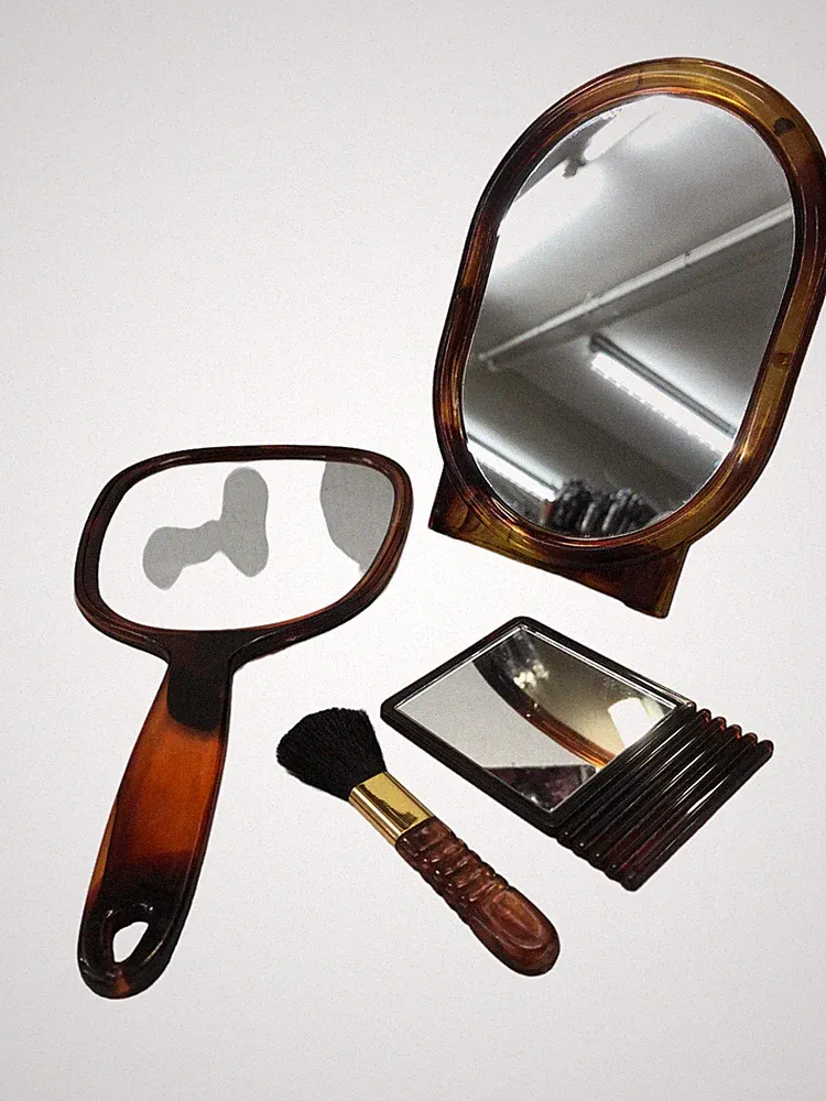 SET SPIEGEL UND PINSEL KUNSTSTOFF SCHILDKRÖTE FÜR MAKE-UP FRISUR BAD