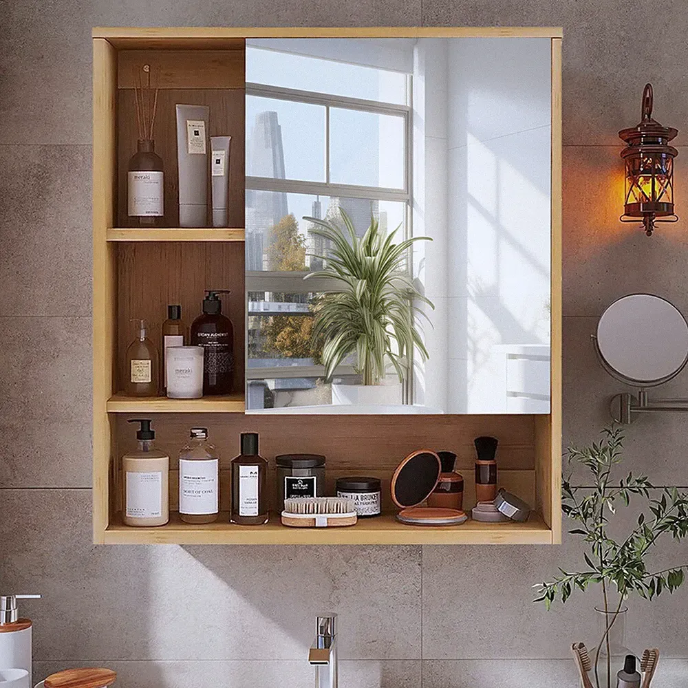 Solide Bambus Badezimmer-Wandschrank Spiegelschrank Hängeschrank Flexibles Regal