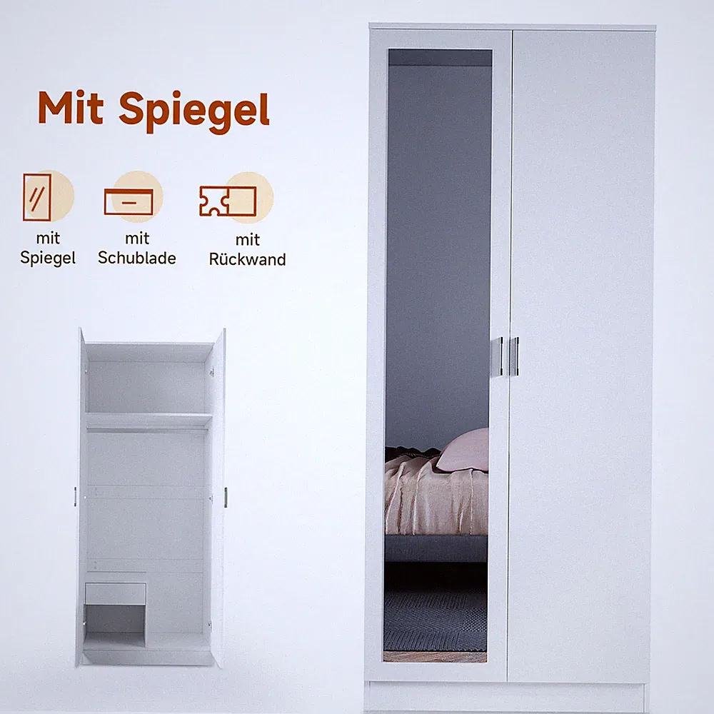 SONNI Kleiderschrank mit Spiegel Schubladen Schlafzimmer Weiß Hochglanz 180cm