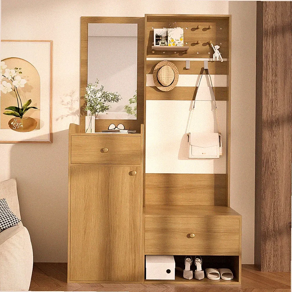 Spiegel Garderoben-Set mit Schuhbank Flurgarderobe Schuhschrank Schubladen Holz