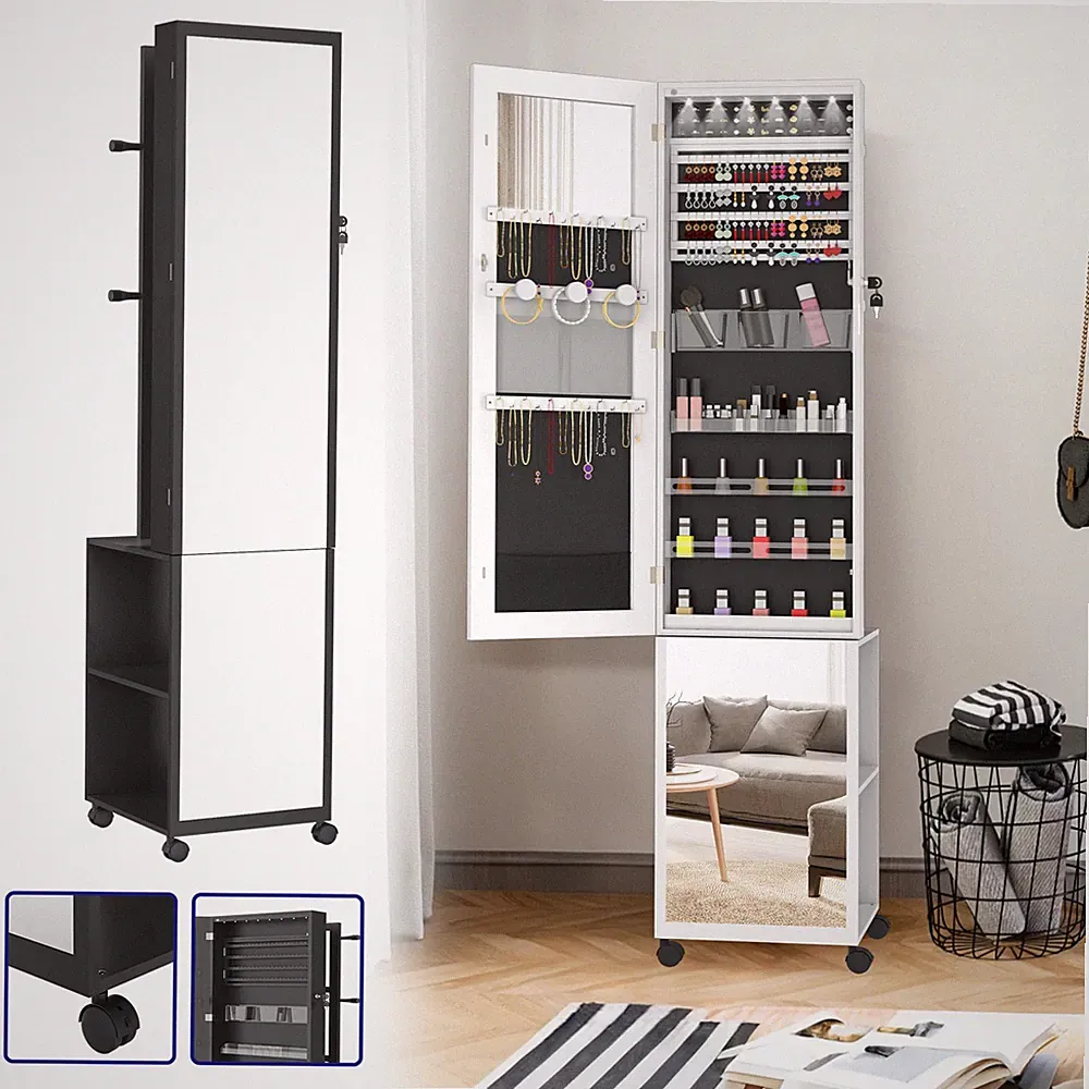 Spiegel-Schmuckschrank Standspiegel Abschließbarer Schmuckregal Mit LED & Rädern