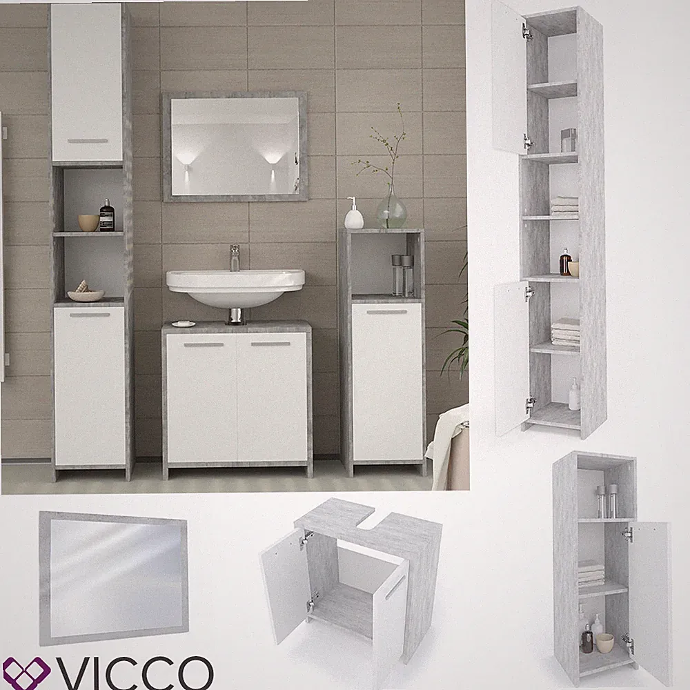 Spiegel Waschtisch Unterschrank Badschrank Badmöbel Set Grau Beton Vicco