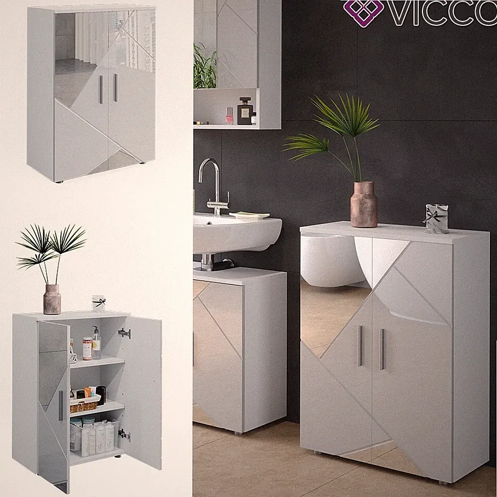 Spiegelbadschrank Kommode Badezimmermöbel Irma Weiß Hochglanz modern 60x81Vicco