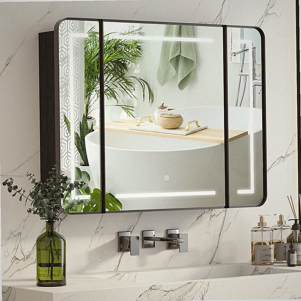 Spiegelschrank 100cm mit Beleuchtung 3 Türen, Dimmbar, 3 Farbe