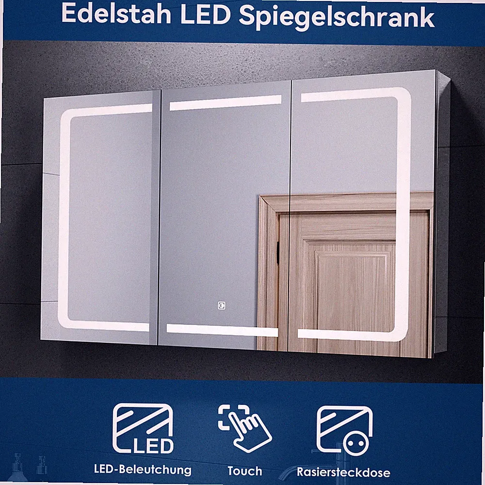 Spiegelschrank 105cm Badspiegel mit LED Beleuchtung Touch Steckdose Edelstahl