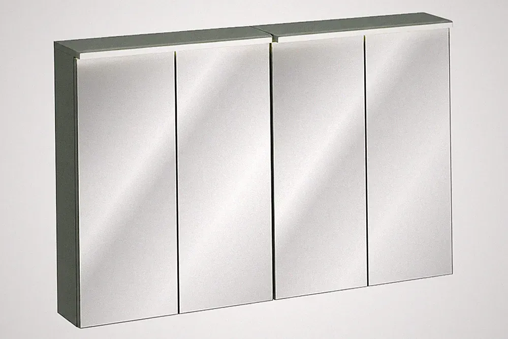 Spiegelschrank 120cm | 4 Türen | 2x LED Leiste & Steckdose-Schalter | VERDANO