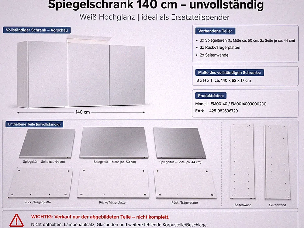 Spiegelschrank 140 cm unvollständig nur Teile Spiegel Seitenteile weiß HG
