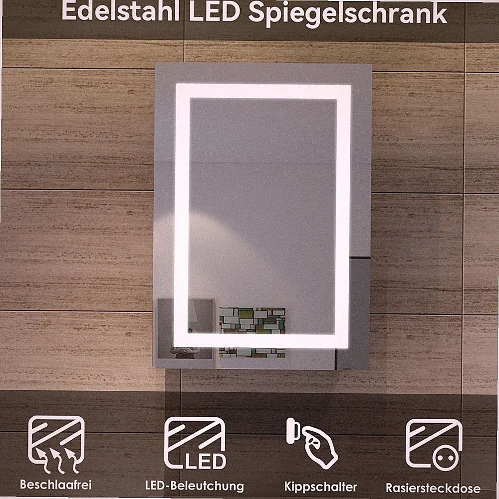 Spiegelschrank 50x70cm Edelstahl Bad mit LED Beleuchtung Beschlagfrei Steckdose