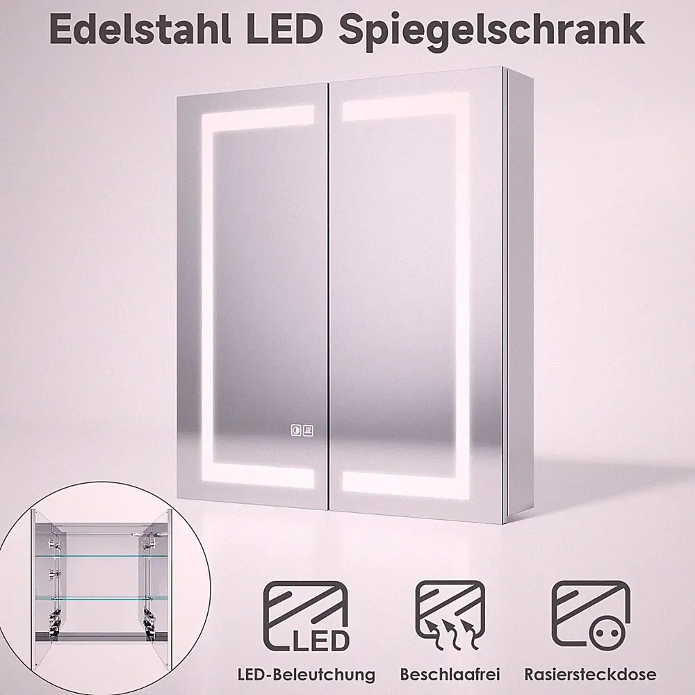 Spiegelschrank 60cm mit LED Beleuchtung Beschlagfrei Edelstahl Badschrank Touch