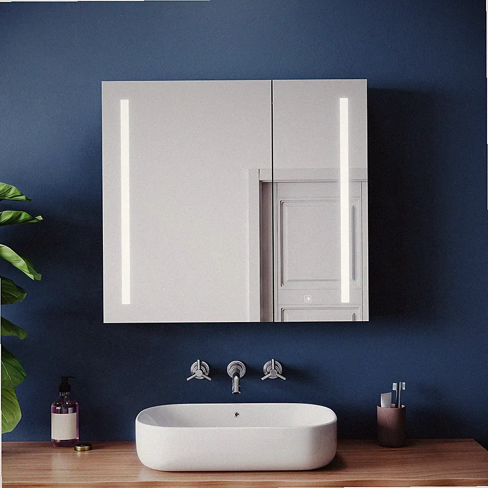 Spiegelschrank 70x65 Badezimmerschrank mit LED Aufbewahrung Touch Steckdose Bad