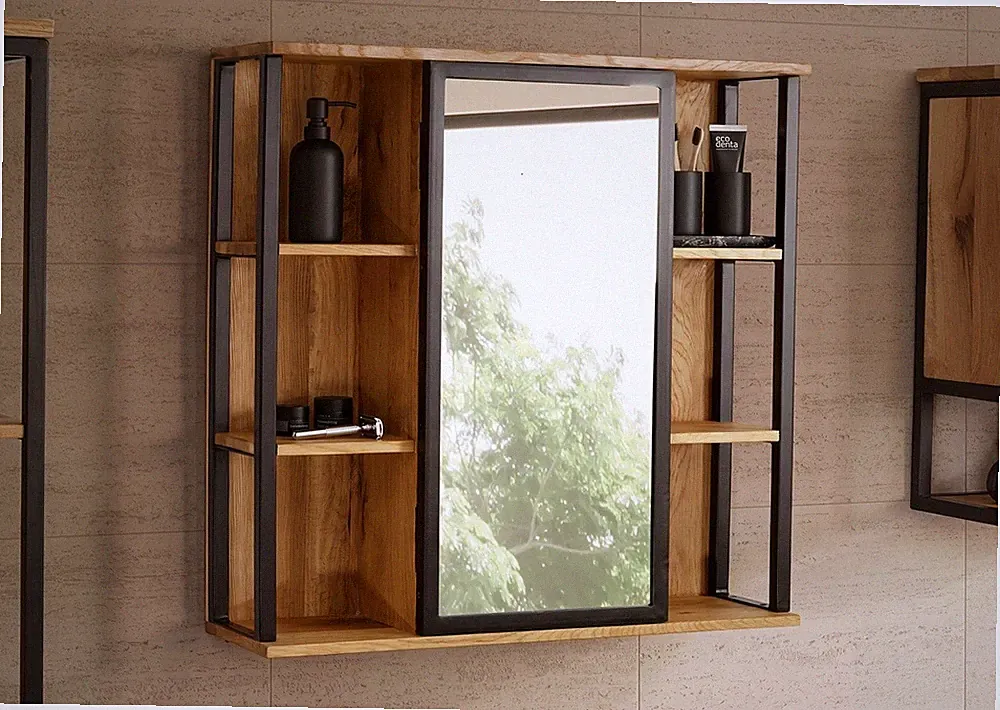 Spiegelschrank 70x70cm Massivholz Eiche massiv & Metall schwarz Badschrank NEU