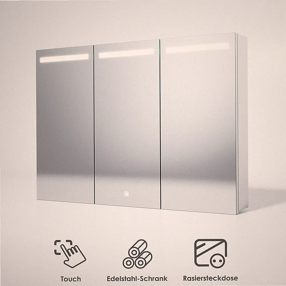 Spiegelschrank 90x65cm Wandschrank mit LED Steckdose Touch 3 Lichtfarbe Dimmbar