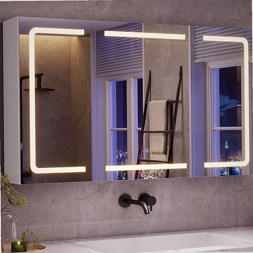 Spiegelschrank Bad 100cm LED-Beleuchtung Touch Steuerung Spiegel Regale Wasch...