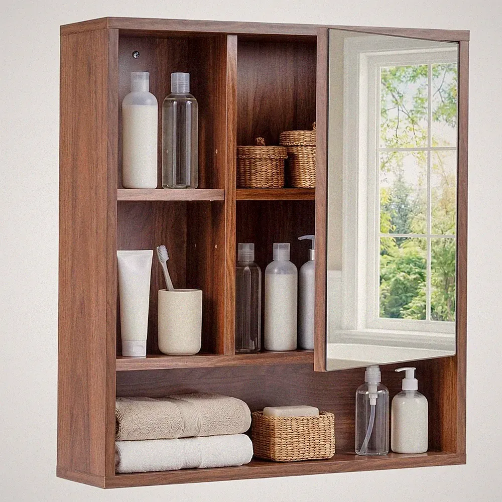 Spiegelschrank Bad 55x16x61 cm mit offenen Fächern verstellbaren Ablagen Braun