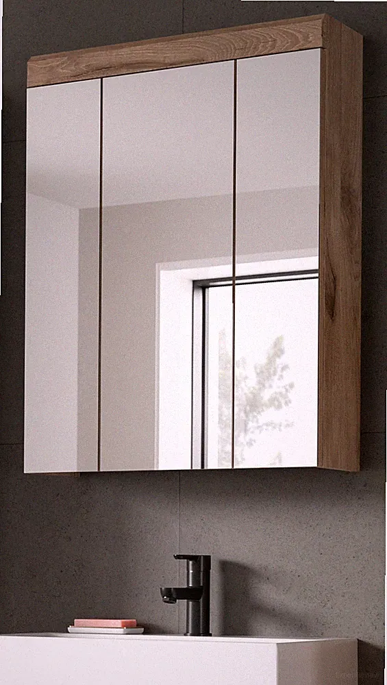 Spiegelschrank Bad 60 cm Eiche Badmöbel Spiegel 3-türig 3D 9 Fächer Willow