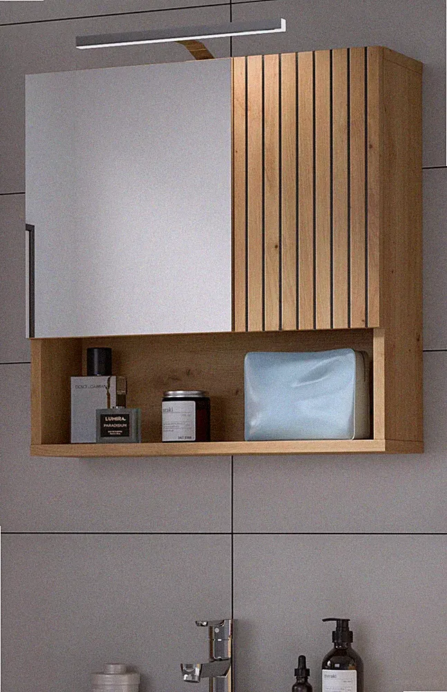Spiegelschrank Bad 60 cm Eiche Leisten Badmöbel Spiegel mit Ablage LED Livia