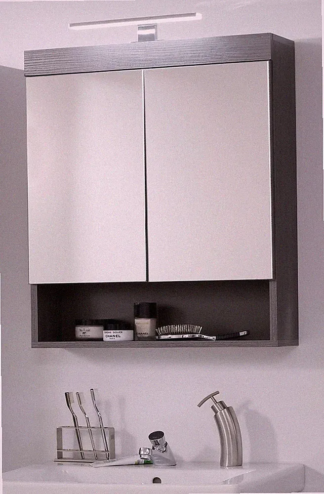 Spiegelschrank Bad 60 cm grau Rauchsilber Badmöbel Spiegel mit Ablage LED Runner