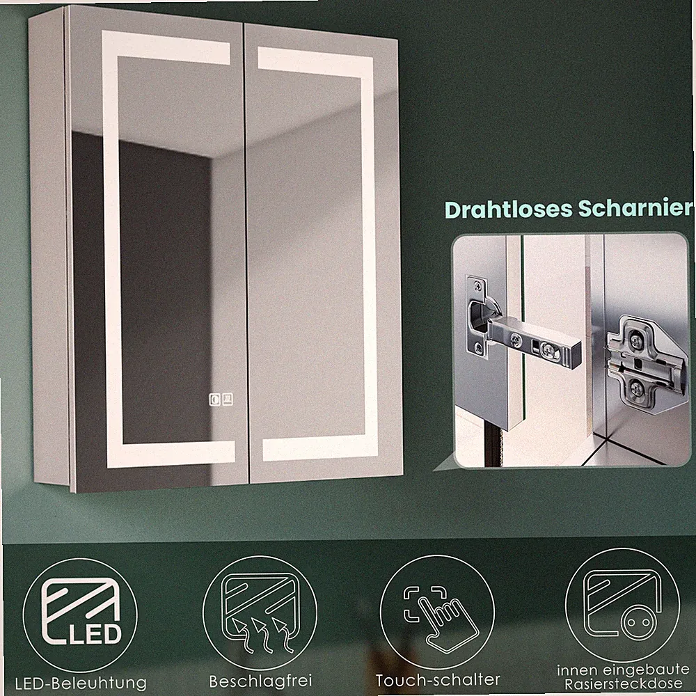 Spiegelschrank Bad 60cm mit LED Beleuchtung Badspiegel Steckdose Beschlagfrei