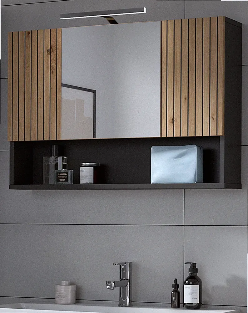 Spiegelschrank Bad 80 cm Eiche Artisan Grau Badmöbel Spiegel 7 Fächer LED Livia