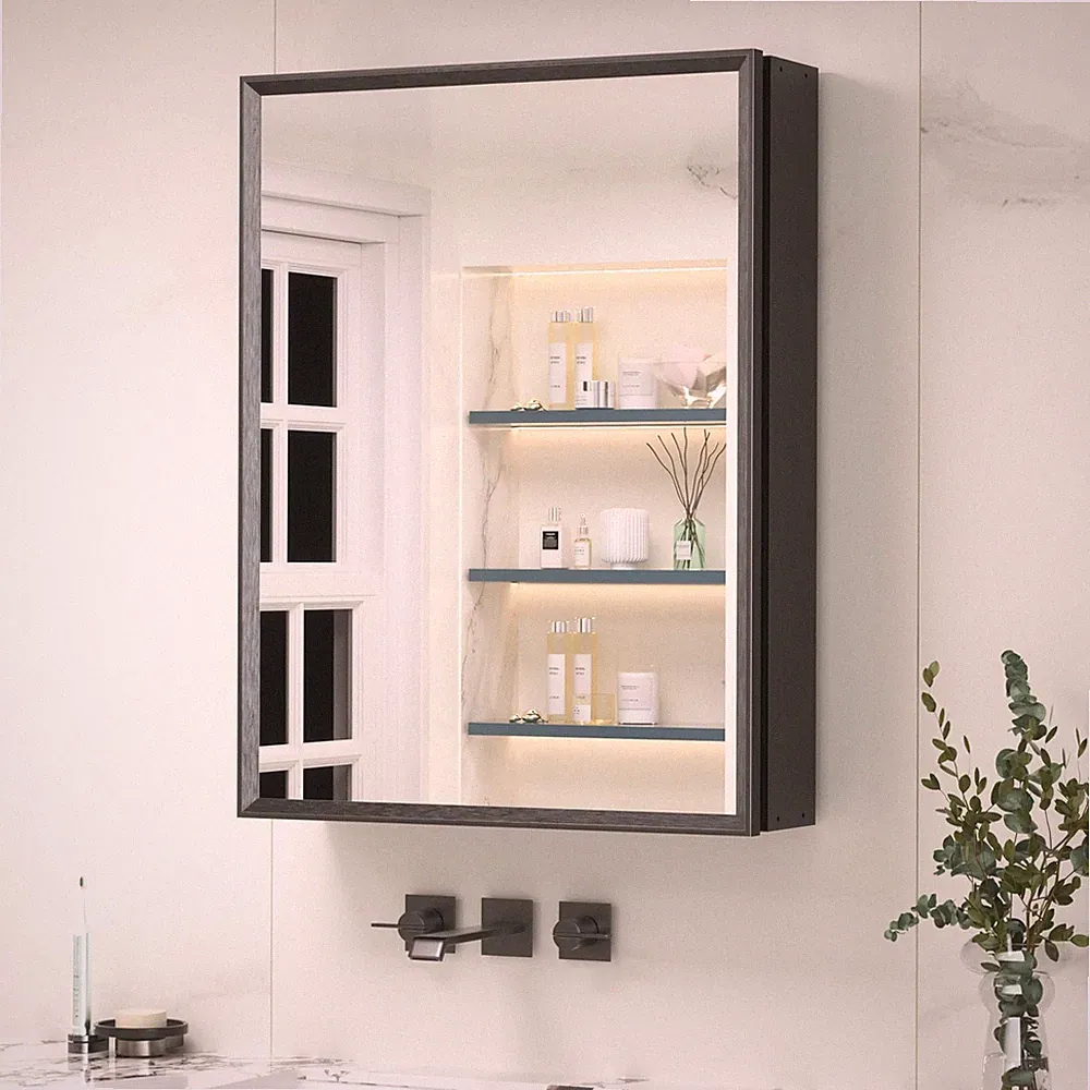 Spiegelschrank Bad Aluminiumrahmen Schwarz Spiegel Ablage Hängeschrank 50x65cm