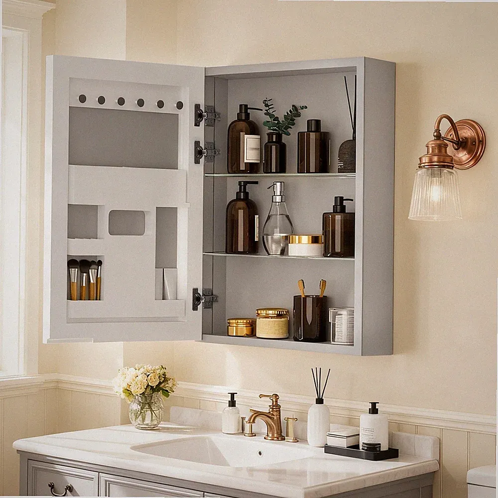 Spiegelschrank Bad Badezimmer Badschrank mit Spiegel Stauraum Wandmontage Silber