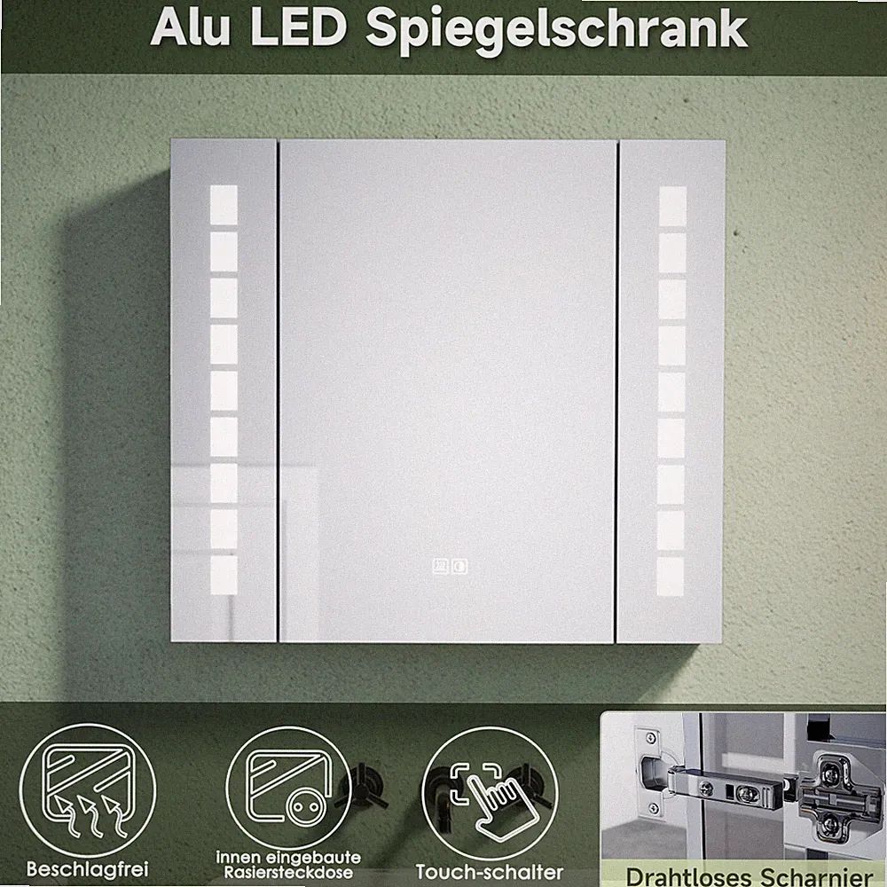 Spiegelschrank Bad Badspiegel LED Rasierer-Steckdose Beschlagfrei Alu 60x65 Bad