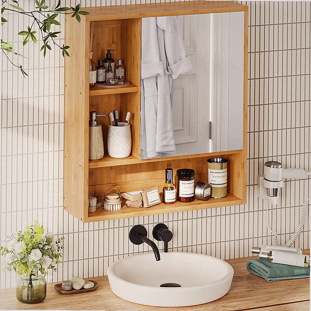 Spiegelschrank Bad Bambus Wandschrank mit Spiegel 3 Ablagen 55cm