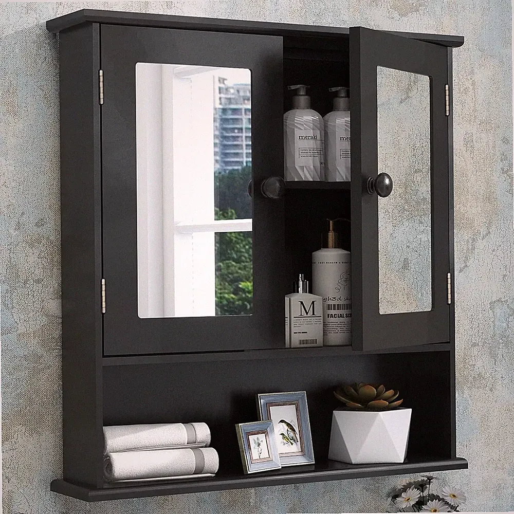 Spiegelschrank Bad Hängeschrank 2-türig Schwarz MDF 13x56x58cm Stauraum elegant