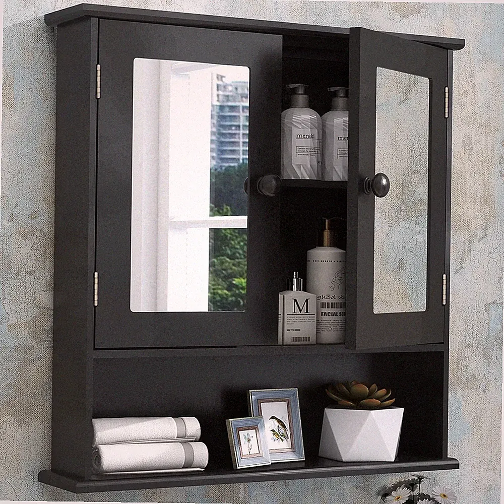 Spiegelschrank Bad Hängeschrank 2-türig Schwarz MDF Stauraum 13x56x58cm Badmöbel