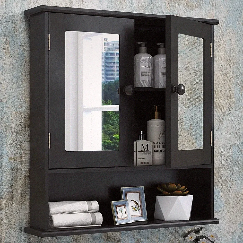 Spiegelschrank Bad Hängeschrank 2-türig Schwarz MDF Stauraum 13x56x58cm