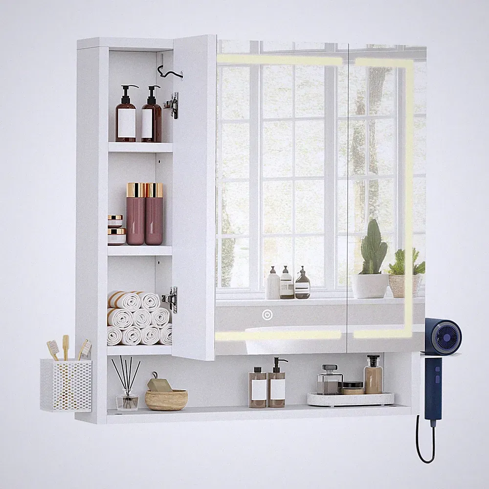 Spiegelschrank Bad LED 3 Türen Wandschrank mit Steckdose USB 70cm Weiß MDF