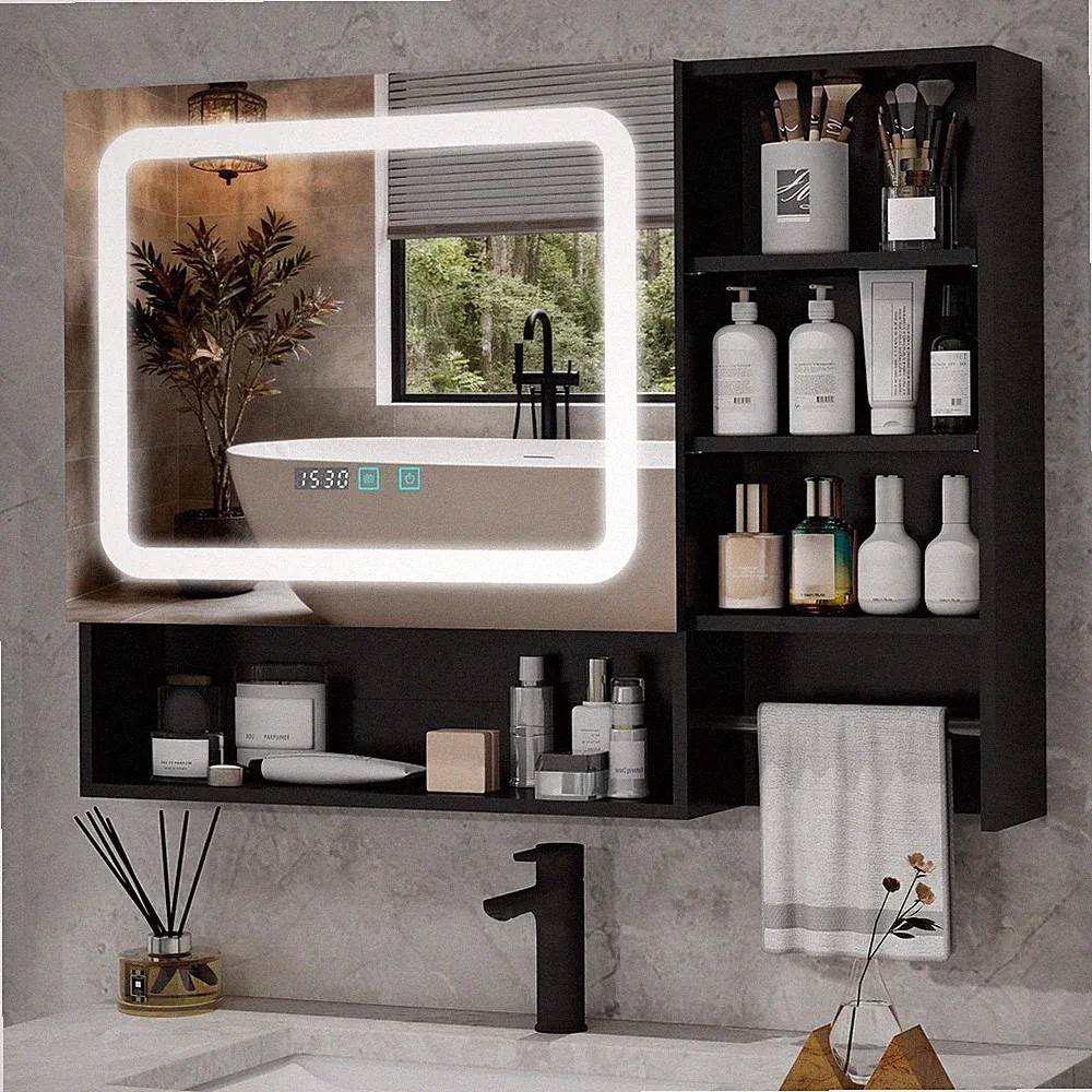 Spiegelschrank Bad LED Beleuchtung Antibeschlag Stauraum Schwarz 80x60cm