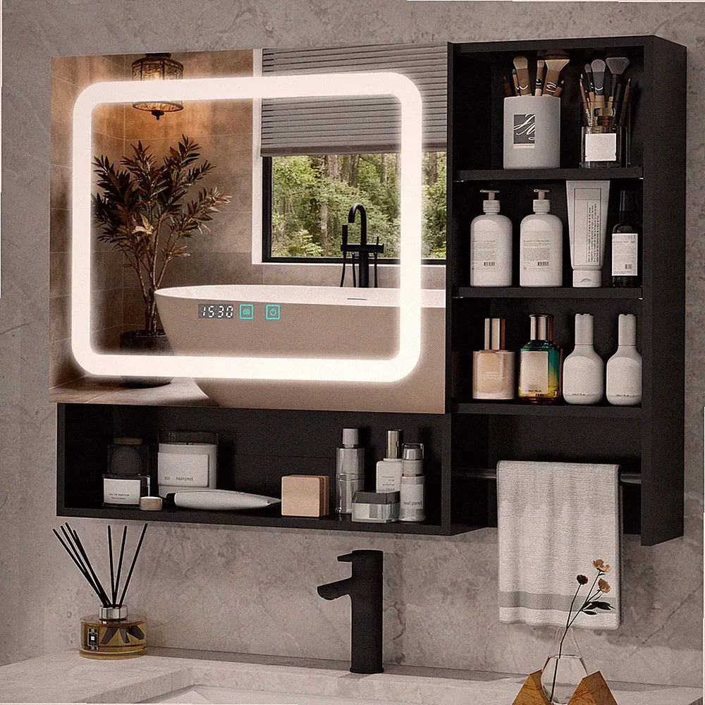 Spiegelschrank Bad LED Beleuchtung Hängeschrank Antibeschlag 80x60cm Schwarz