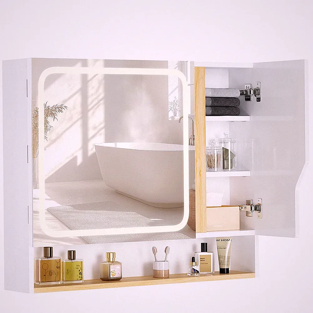 Spiegelschrank Bad LED Beleuchtung HD Spiegel Regal Weiß 80 cm 3 Lichtfarben