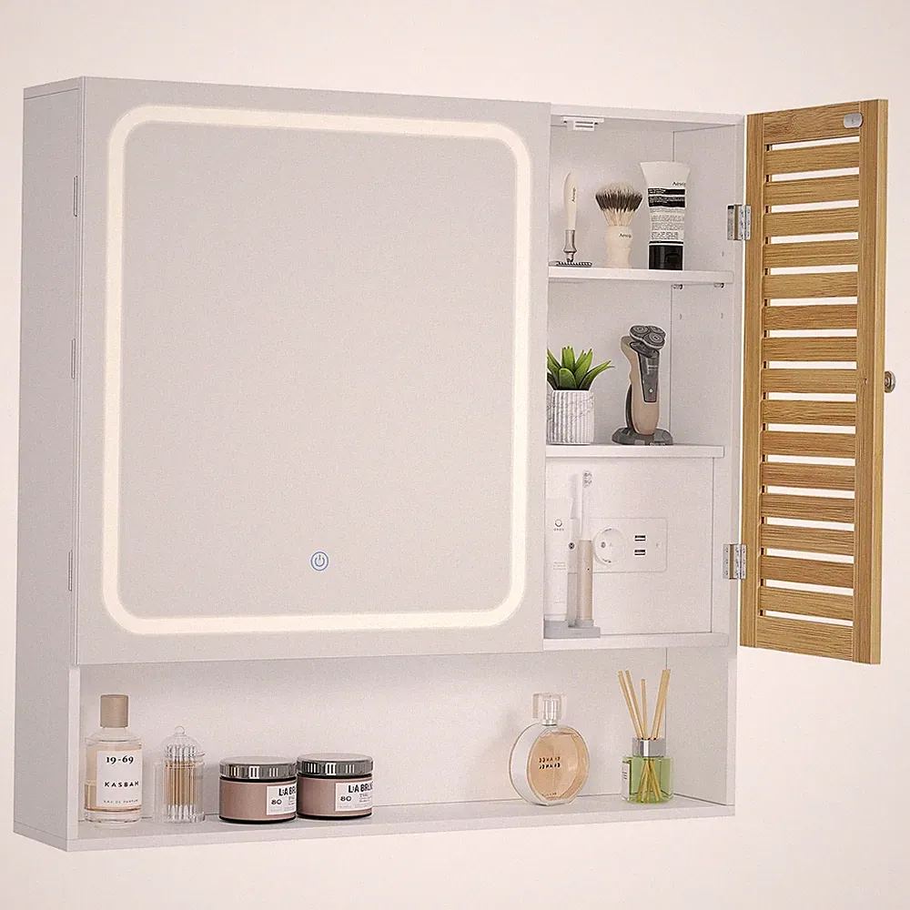 Spiegelschrank Bad LED Beleuchtung Steckdose HD Spiegel Ablage Weiß 80cm Breit