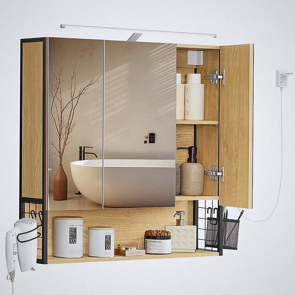 Spiegelschrank Bad Lichtleiste 3 Spiegeltüren Hängeschrank Stauraum 80 cm