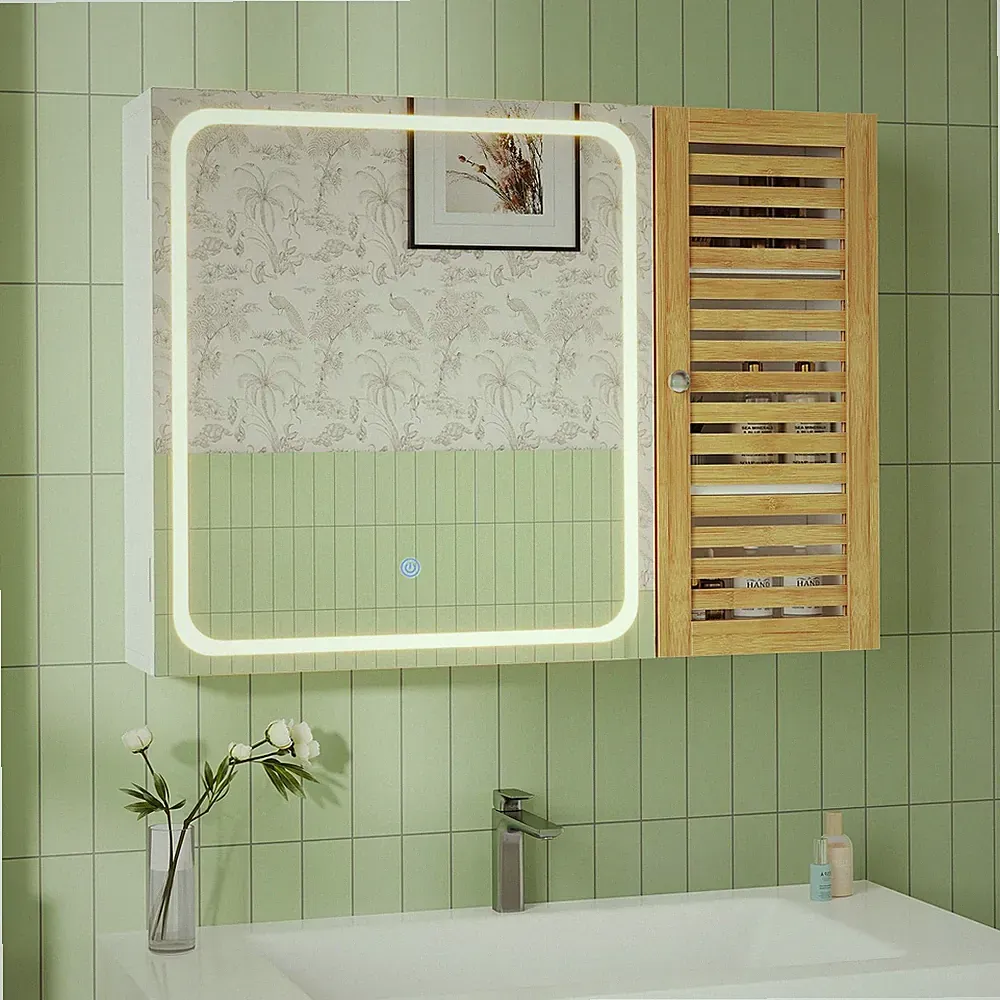 Spiegelschrank Bad mit Beleuchtung Badezimmerschrank 6 Ablagen Bambustür 80x60cm