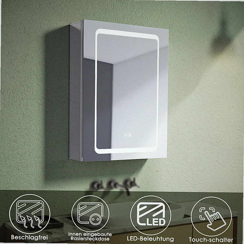 Spiegelschrank Bad mit Beleuchtung Badspiegel LED Steckdose Beschlagfrei Alu 50