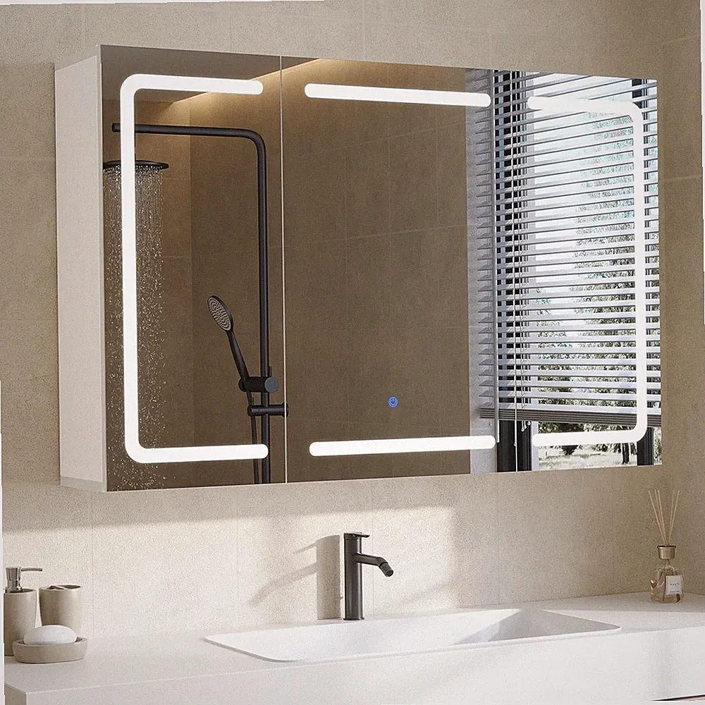 Spiegelschrank Bad mit Beleuchtung & Steckdose – 3-Wege Spiegel, 90 x 60 x 16cm
